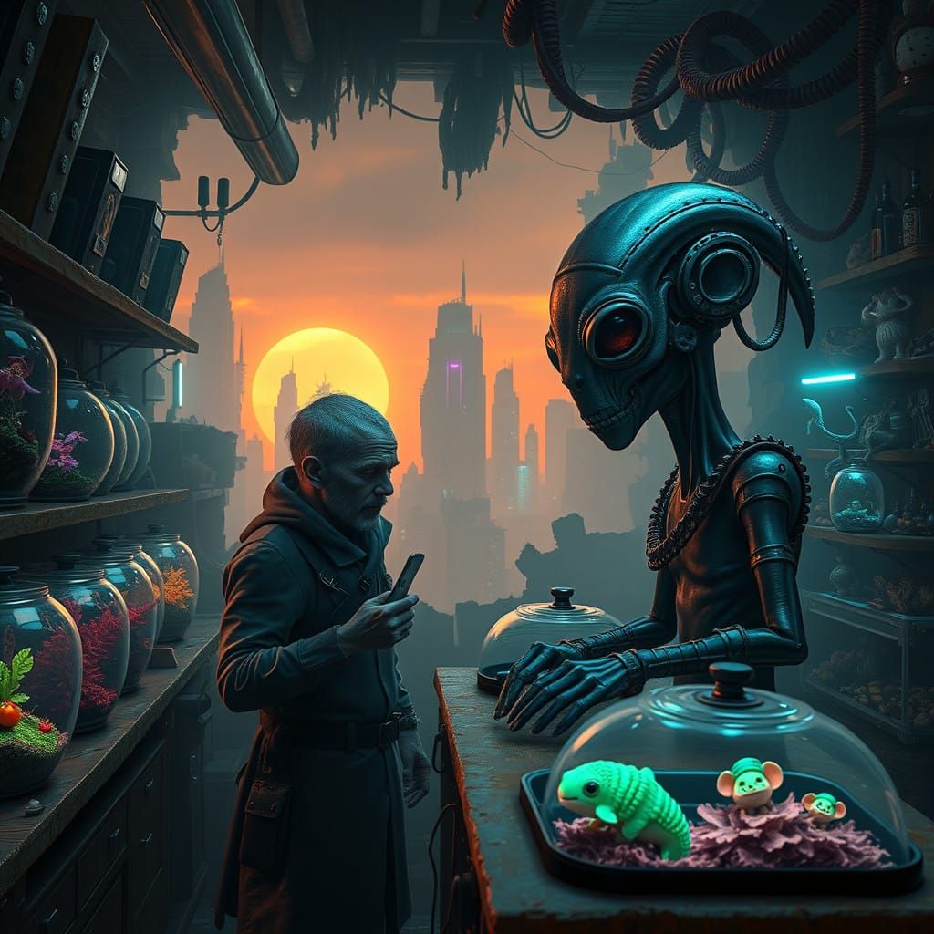 Biopunk Alien Pet Shop in Post-Apocalyptic Metropolis
