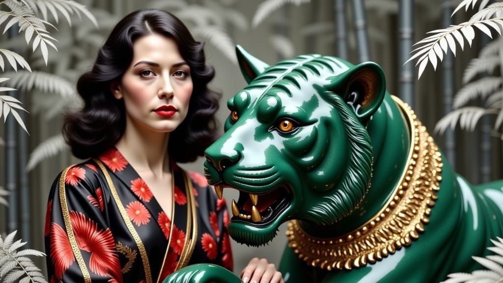 Portrait of a French Woman Beside an Emerald Tiger Sculpture