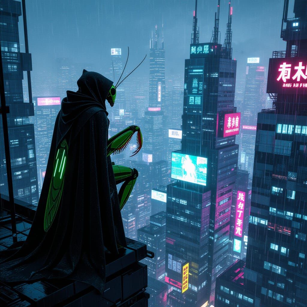 Cybernetic Mantis Assassin in Bioluminescent Cyberpunk City