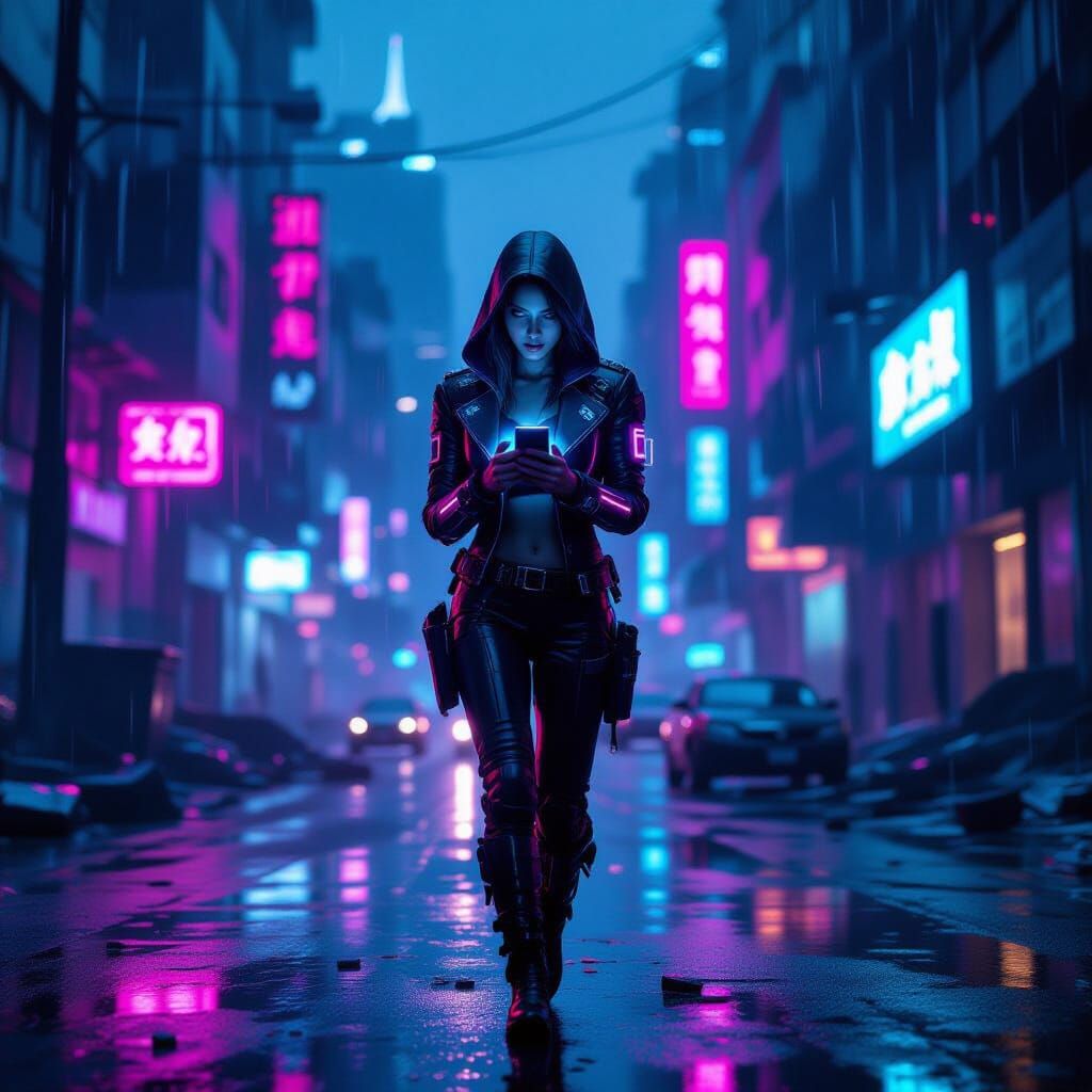 Cyberpunk Woman Typing on Phone in Post-Apocalyptic City Str...