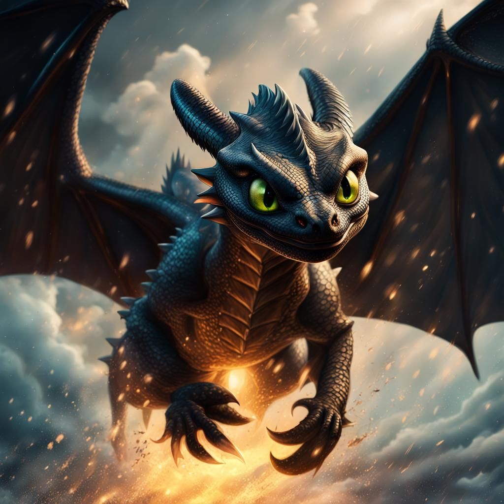 Toothless Dragon Soaring Through a Storm
