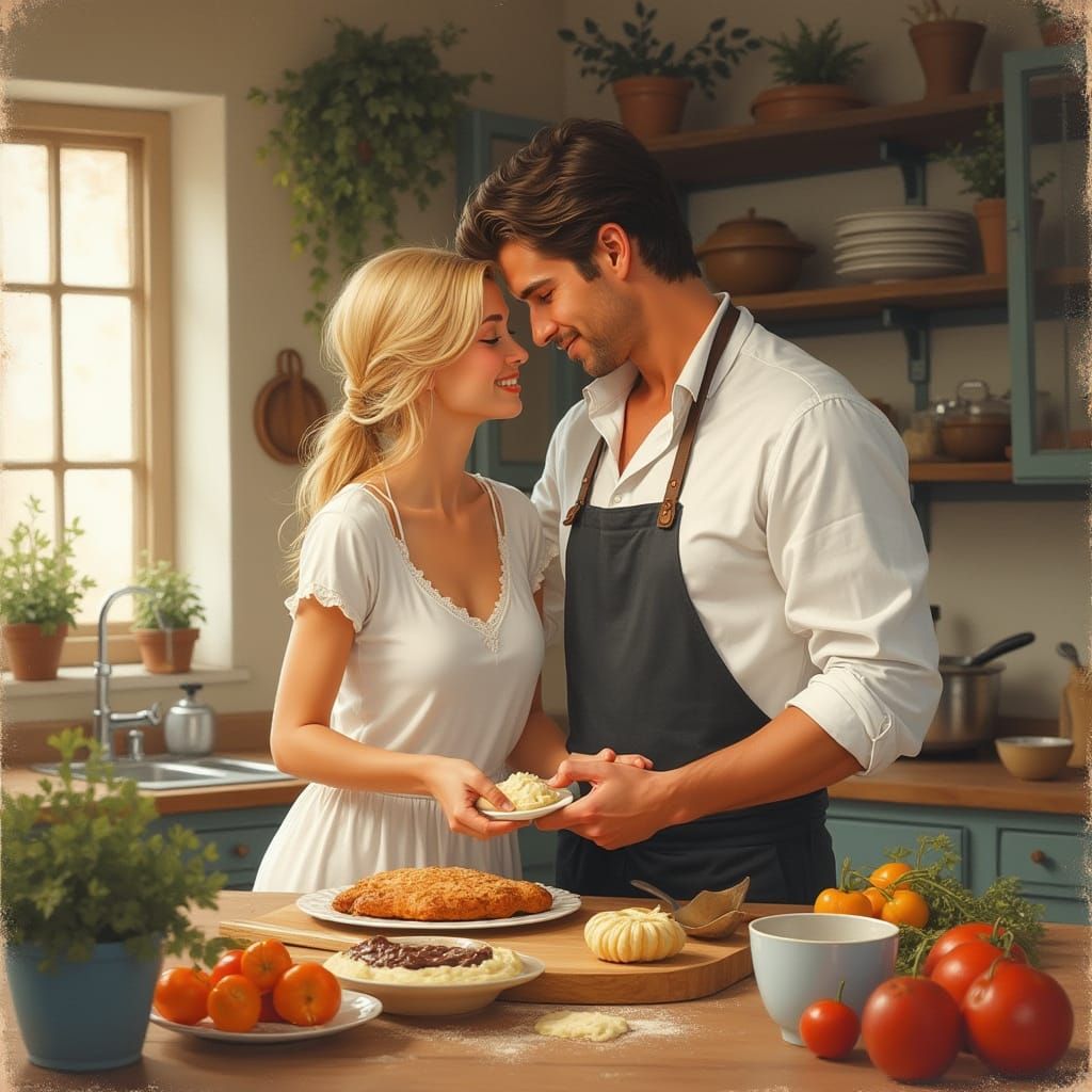 Romantic Baking Couple in a Warm Kitchen Setting
