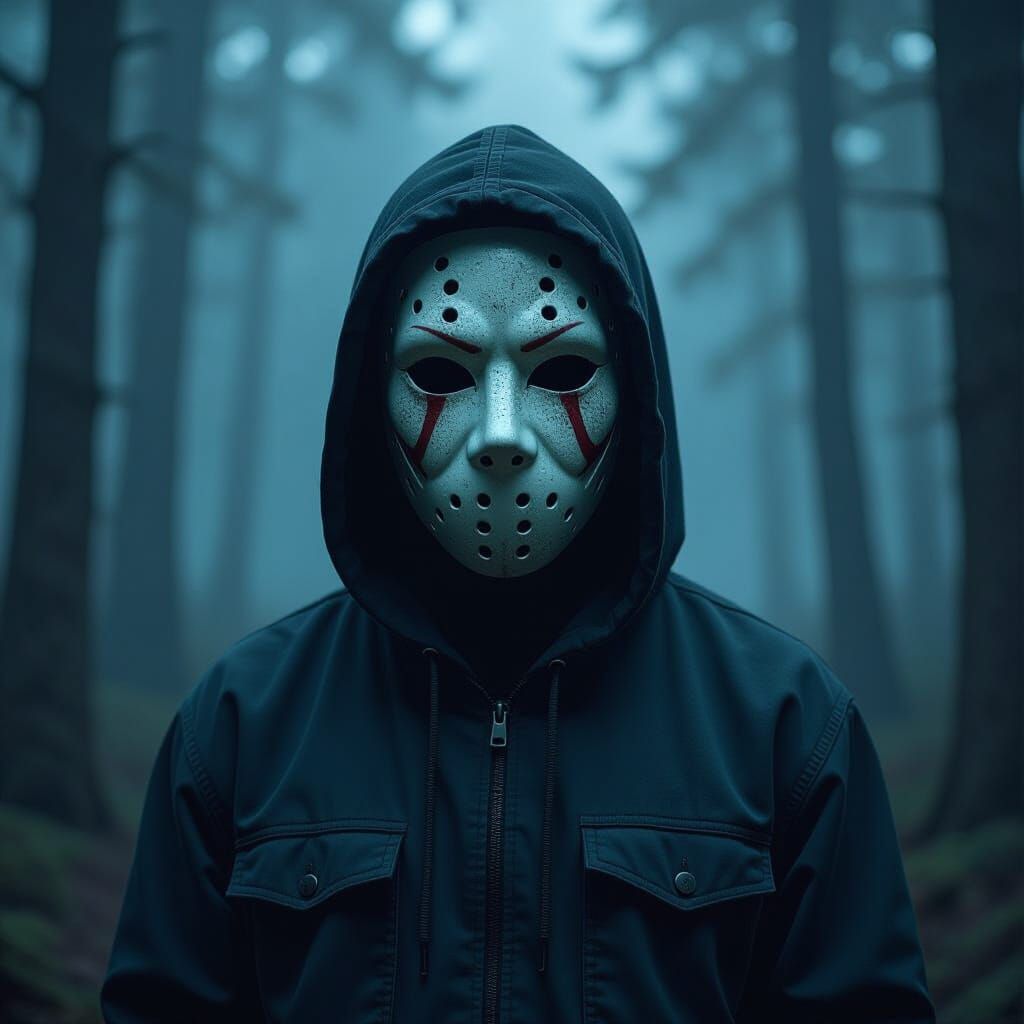 Creepy Masked Figure in Dark Forest