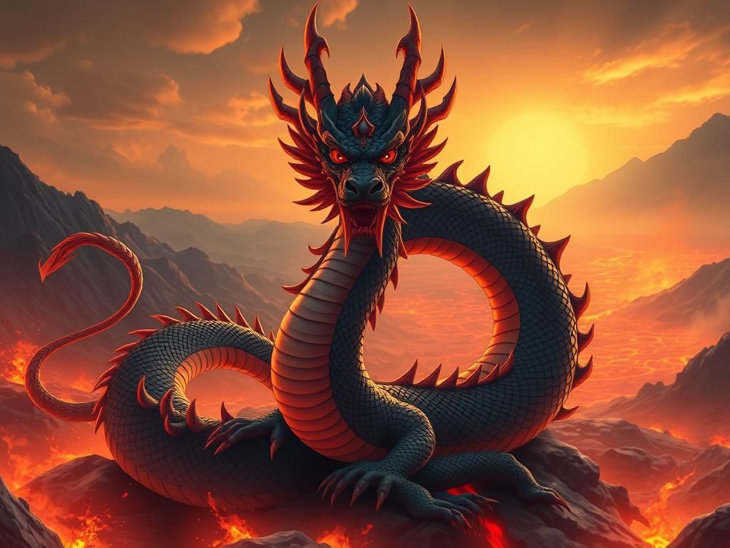 Serpentine Dragon with Kitsune Tails in Manga Style