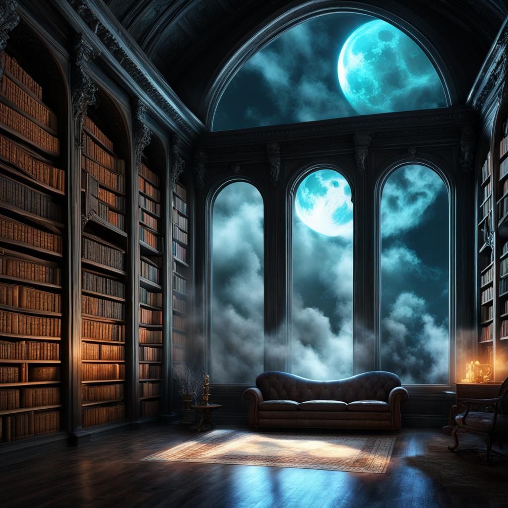 Mystical Library with Bioluminescent Moon, Ethereal Digital ...