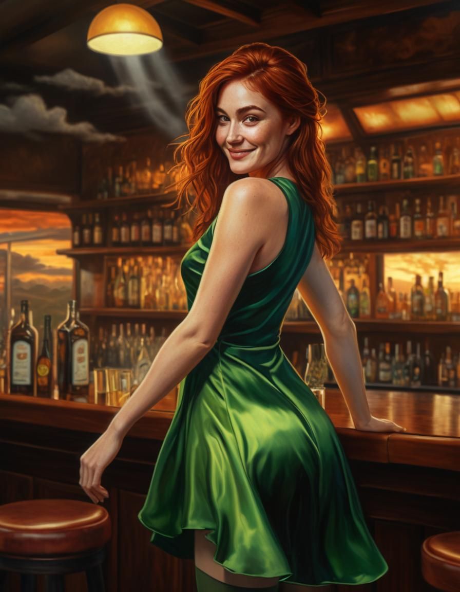 Ethereal Woman in Green Dress: Chiaroscuro Oil Painting