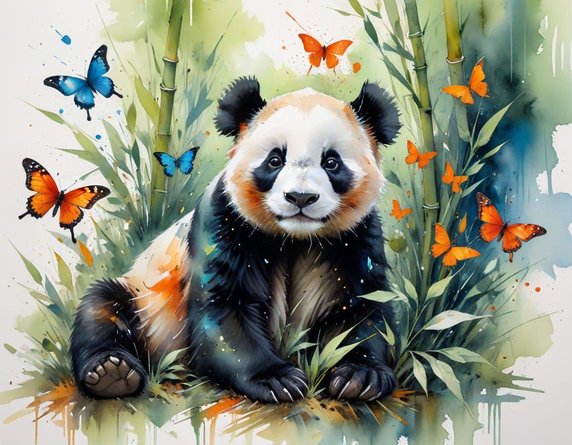 Impressionist Watercolor Baby Panda in Bamboo Field