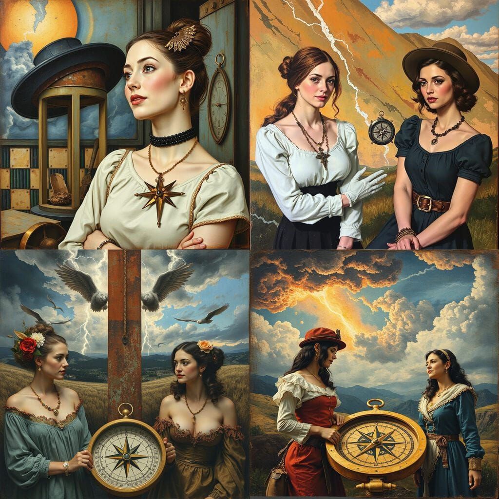 Steampunk Women with Compass in O'Keeffe & Hockney Style