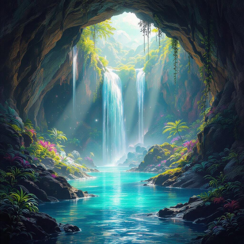 Crystal Cave Oasis: A Digital Painting with Bioluminescence