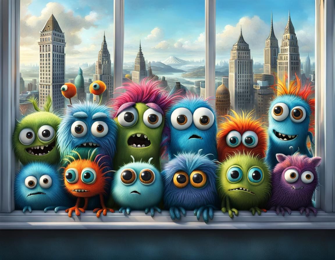 Cute Googly-Eyed Creatures Group Photo, Whimsical Fantasy