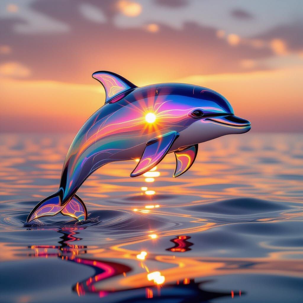 Dolphin Glass Sculpture Reflecting Sunrise in Art Nouveau St...
