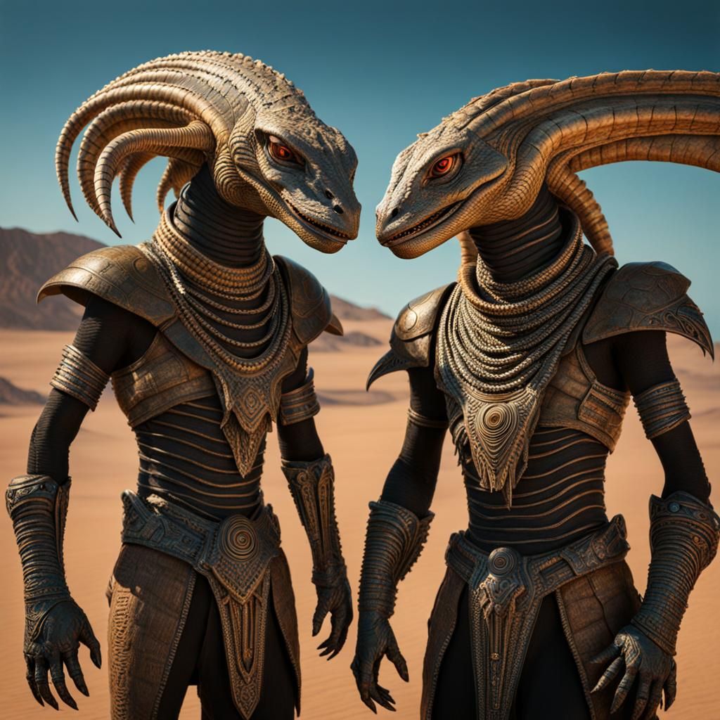 Science Fiction Reptilian Aliens Conversing in Tribal Settin...