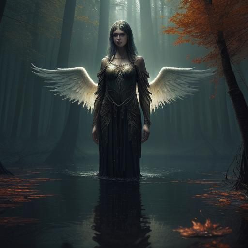 Eerie Angel in Autumn Forest, Digital Matte Painting
