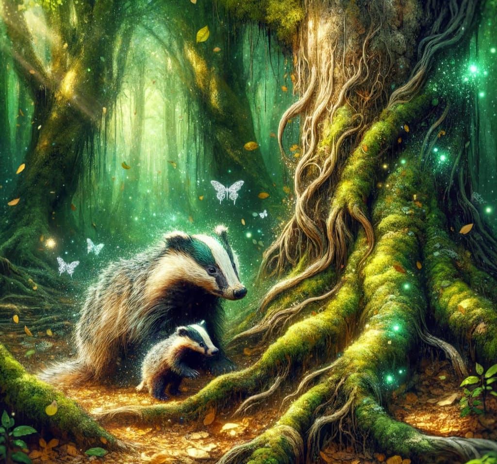 Mother Badger & Baby in Vibrant Watercolor Forest
