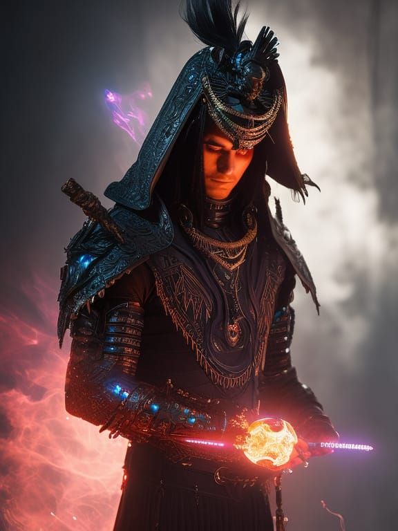 Warlock with Cybernetic Armor, Hyper-Detailed Digital Illust...