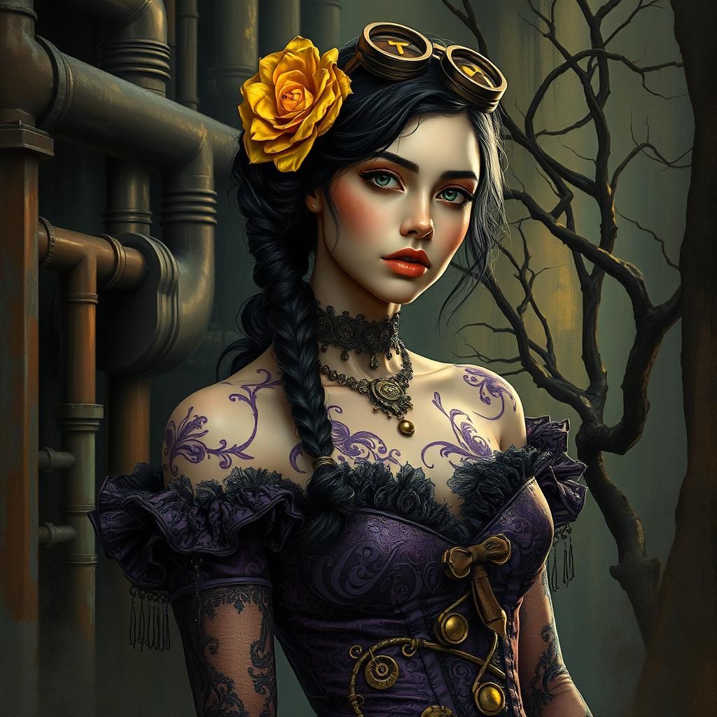 Gothic Steampunk Portrait with Art Nouveau Graffiti