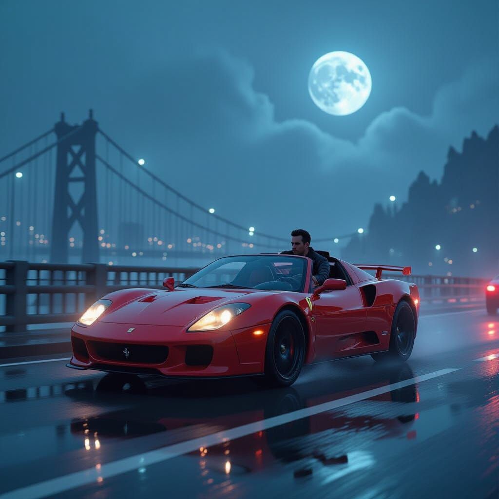 Sportscar on Rainy Bridge in Futuristic Cyberpunk Style