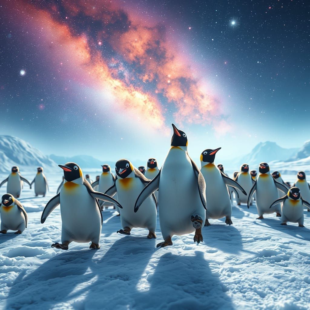 Penguins Joyfully Sliding on Ice Under Cosmic Skies