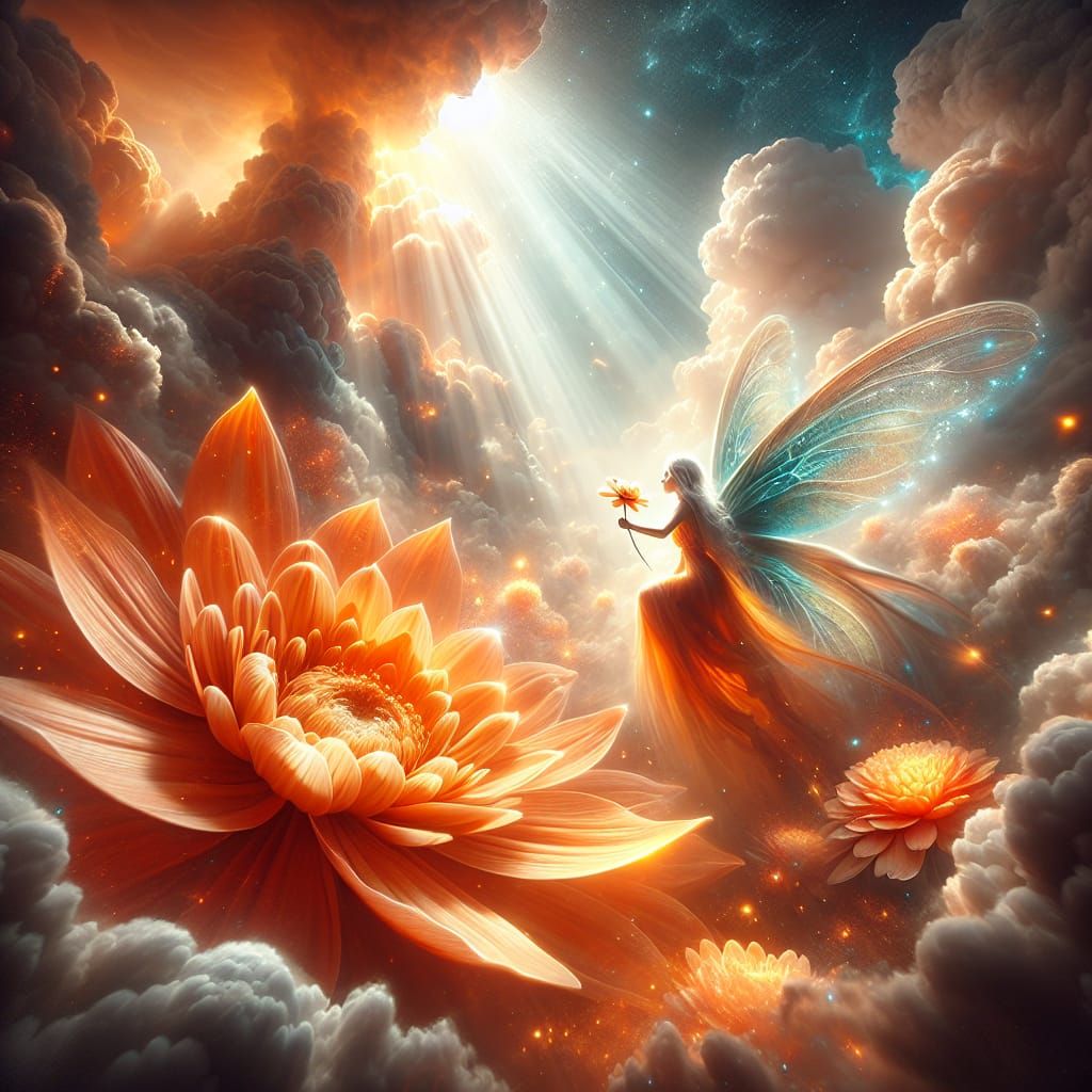 Ethereal Fairy Emerges from Blooming Orange Flower