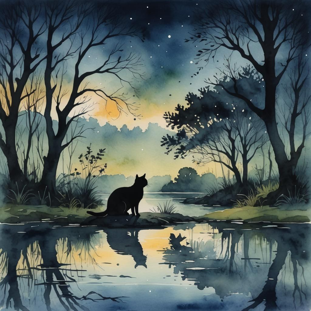Watercolour Cat Silhouette by Midnight Pond