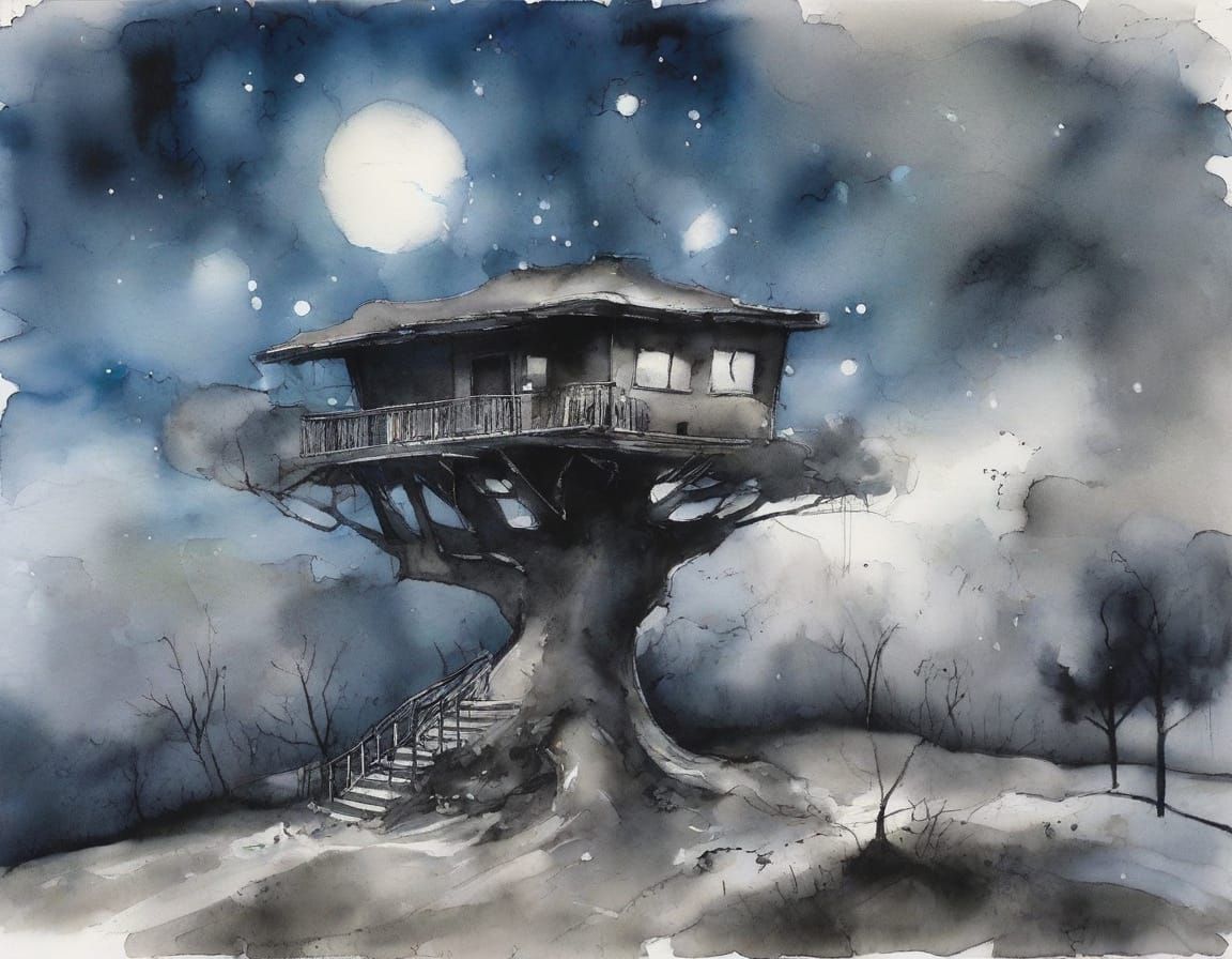Whimsical Lunar Treehouse in Dreamlike Watercolour