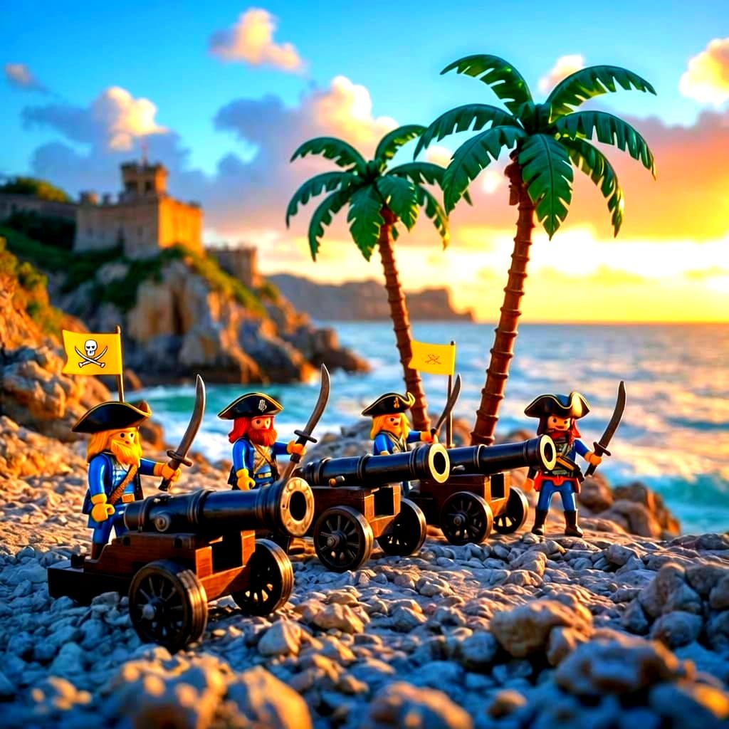 Playmobil Pirates Defend Coastal Stronghold at Sunset