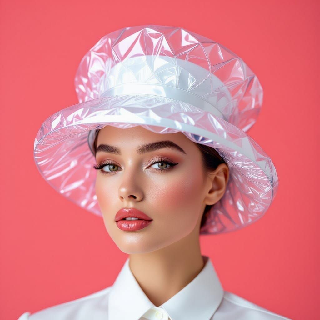 Hyperrealistic Female Head Wearing Bubble Wrap Hat in Studio...