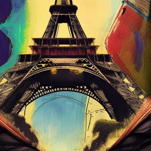 Eiffel Tower Street Scene in Mixed Media Collage