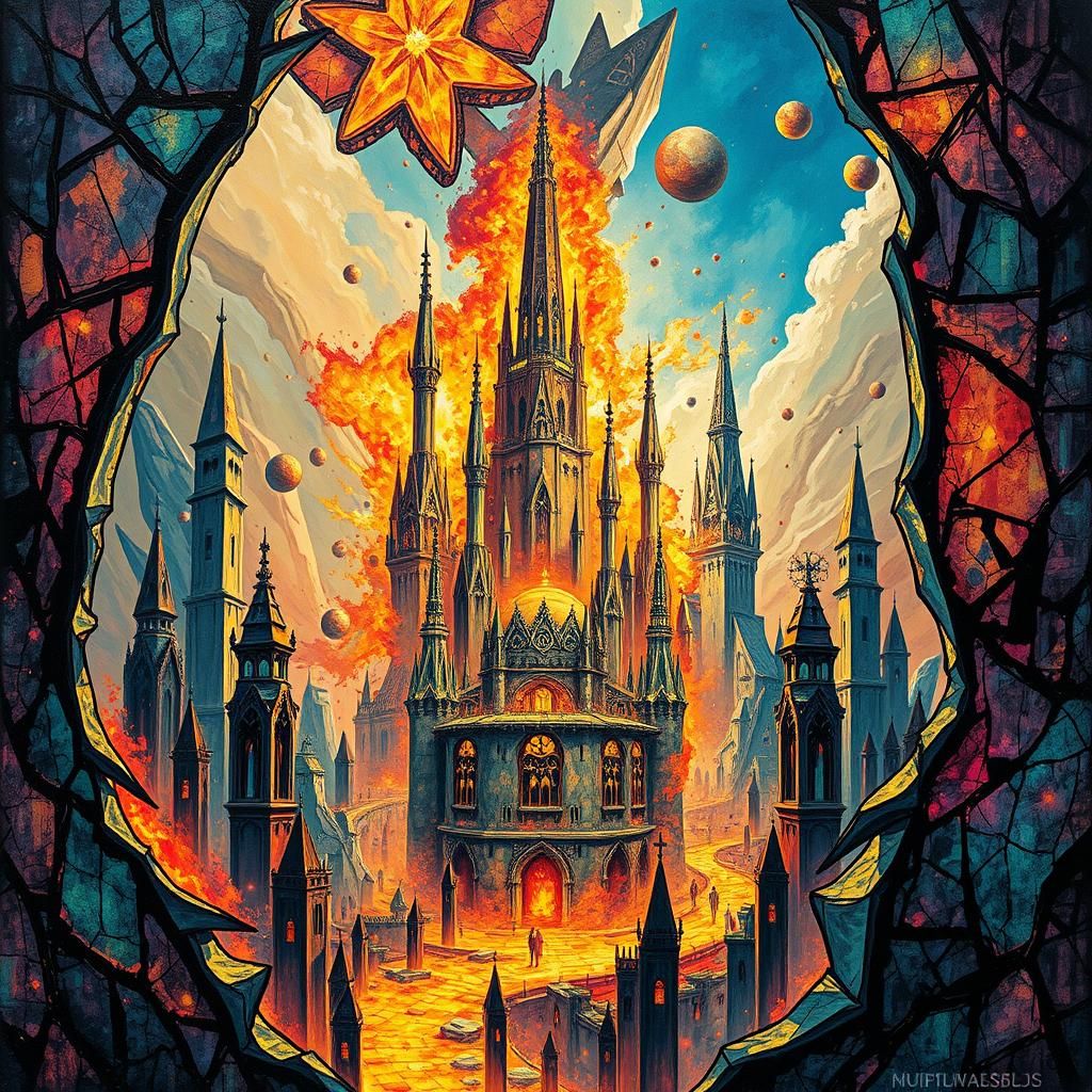 Fantasy City Ablaze: Asteroid Impact in Graffiti Style