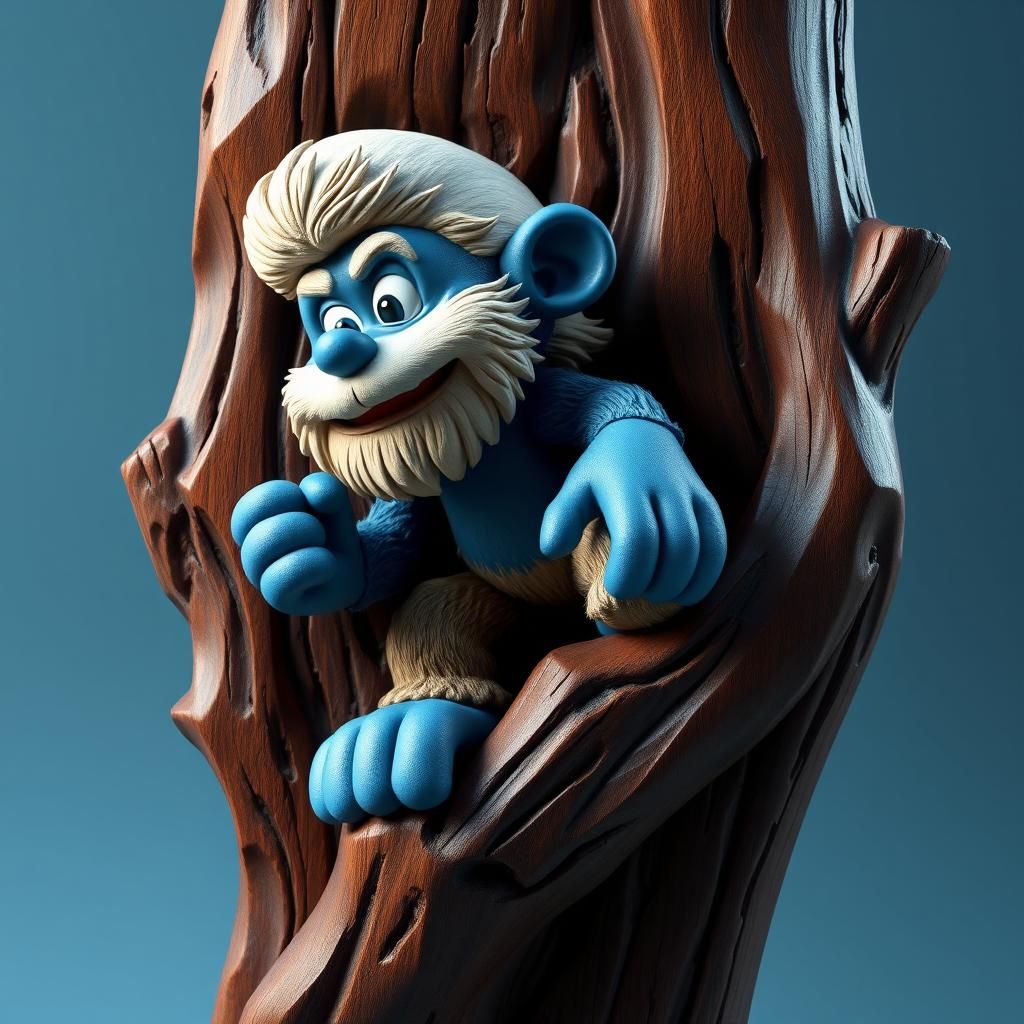 Monkey Smurf Wood Carving in Anime Style