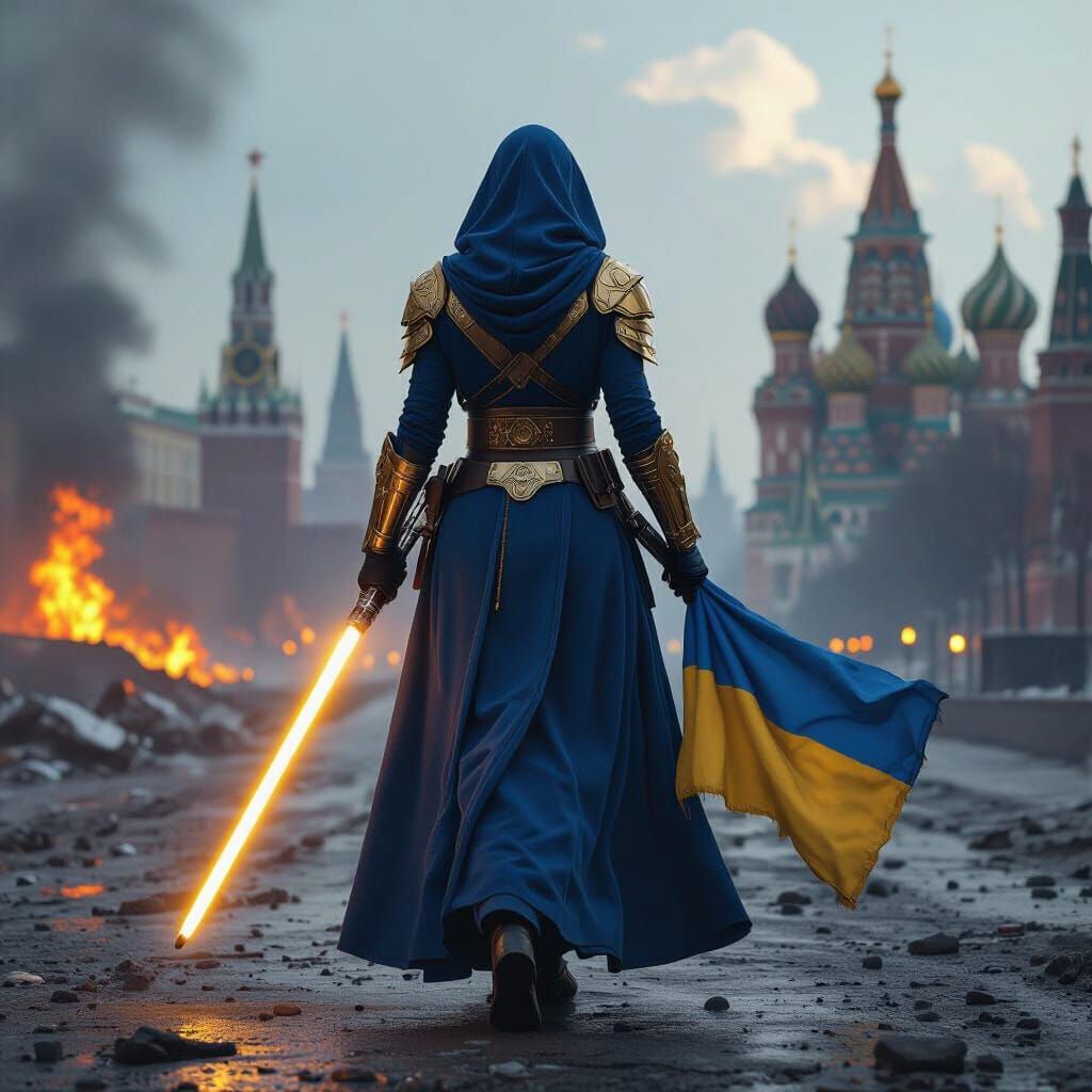 Jedi Warrior Holds Ukraine Flag, Lightsaber Near Burning Cit...