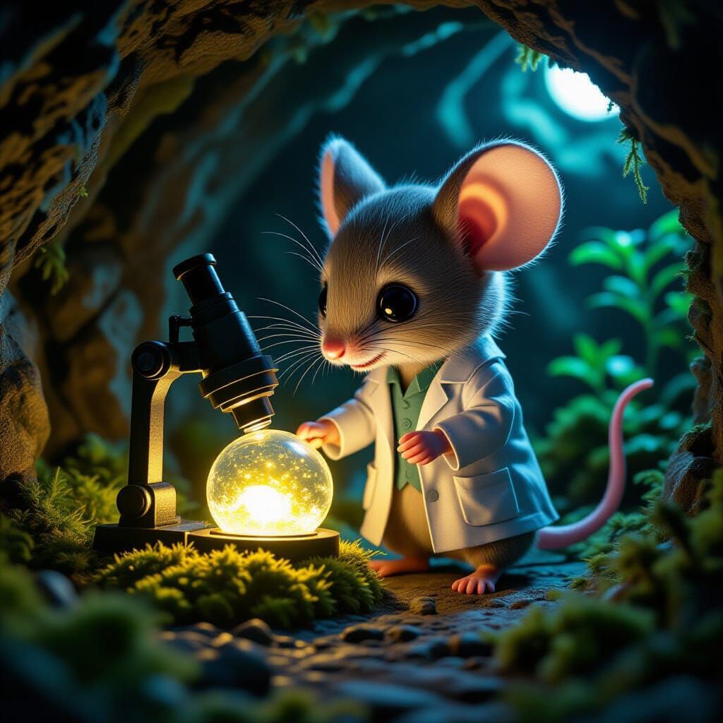 Chibi Mouse Scientist in Underground Lab, Digital Matte Pain...