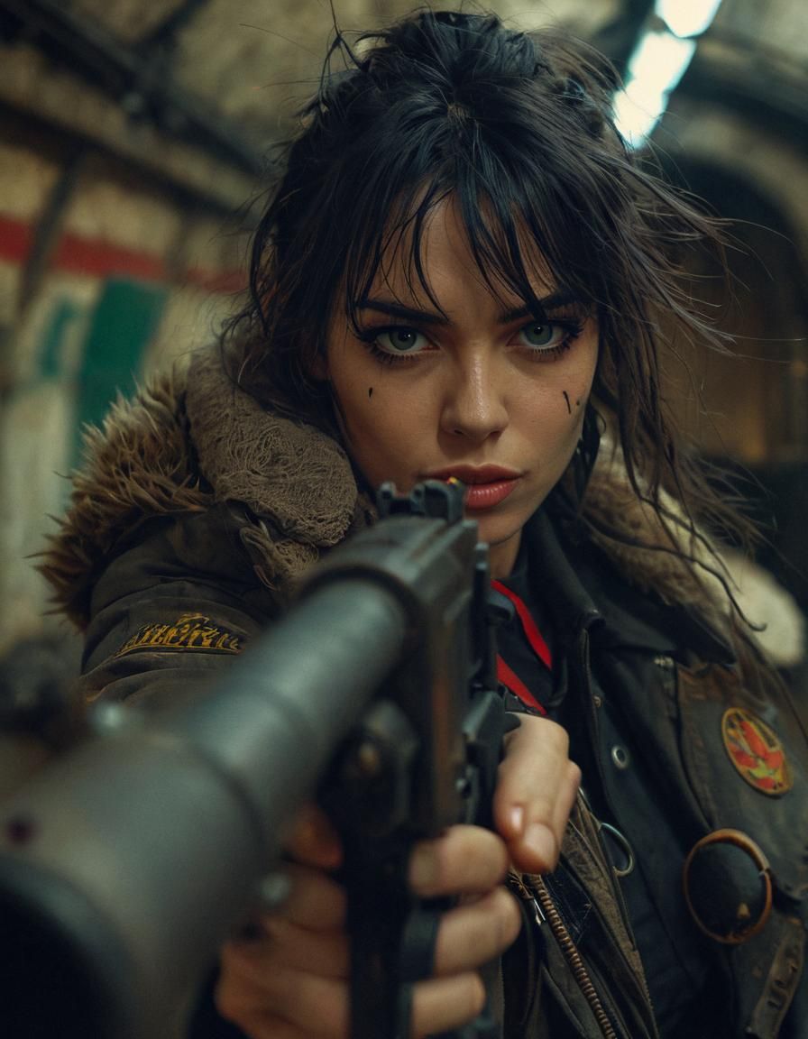 still from a SciFi film Jamie Hewlett's Tank Girl holding ca...