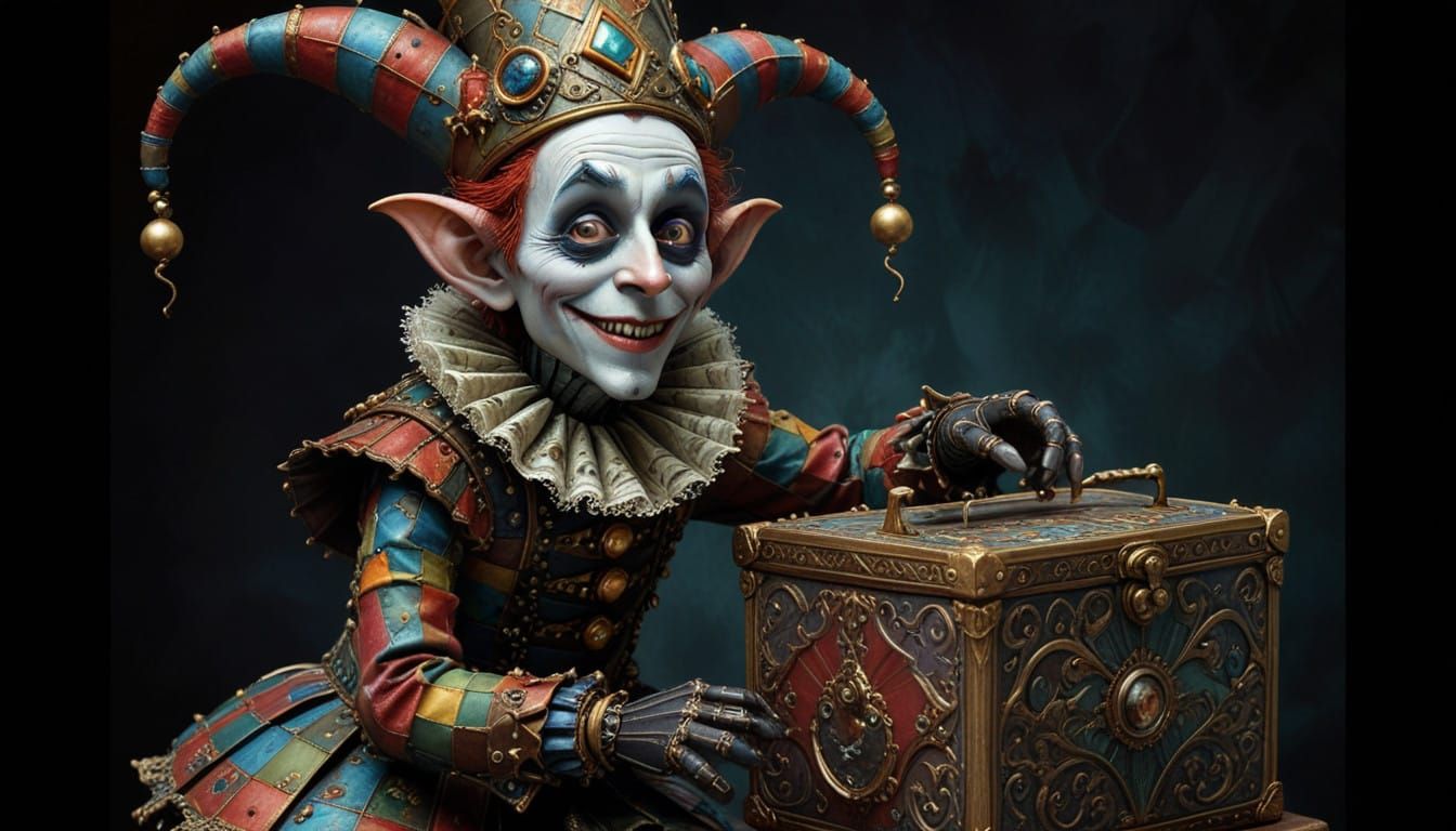 Surreal Gothic Jester Springs from a Box in Whimsical Tim Bu...