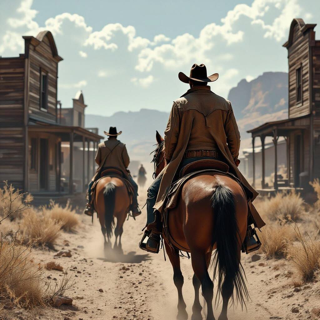 Cowboys Ride Through Abandoned Old West Town
