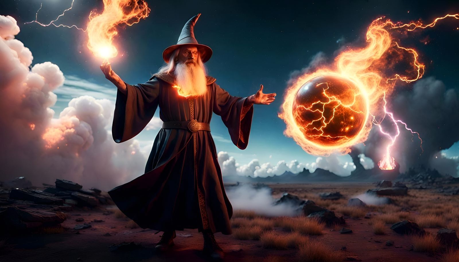 Wizard Casts Fireball Spell on Battlefield in Unreal Engine