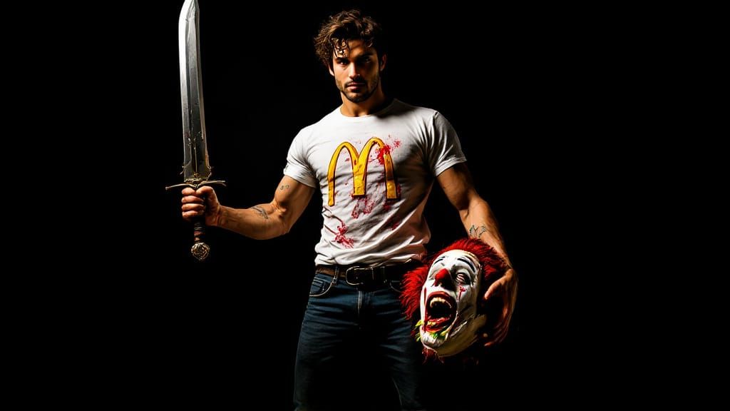 Dramatic Baroque Scene: Modern David and McDonald's Head