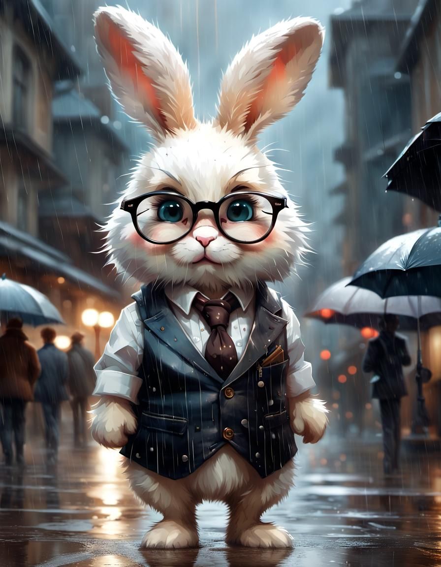 Chibi Rabbit in Rain with Umbrella, Detailed Fur