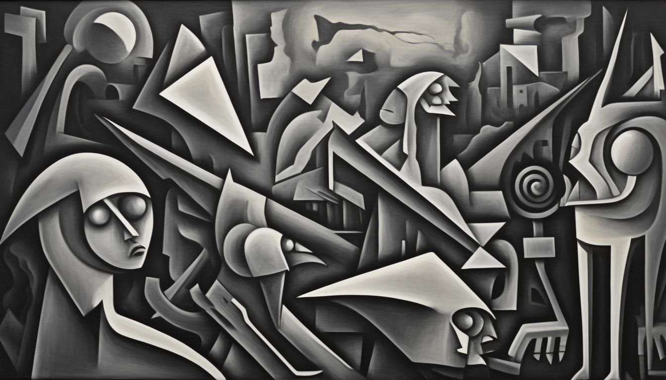Monochromatic Cubist Oil Painting of Civilian Distress