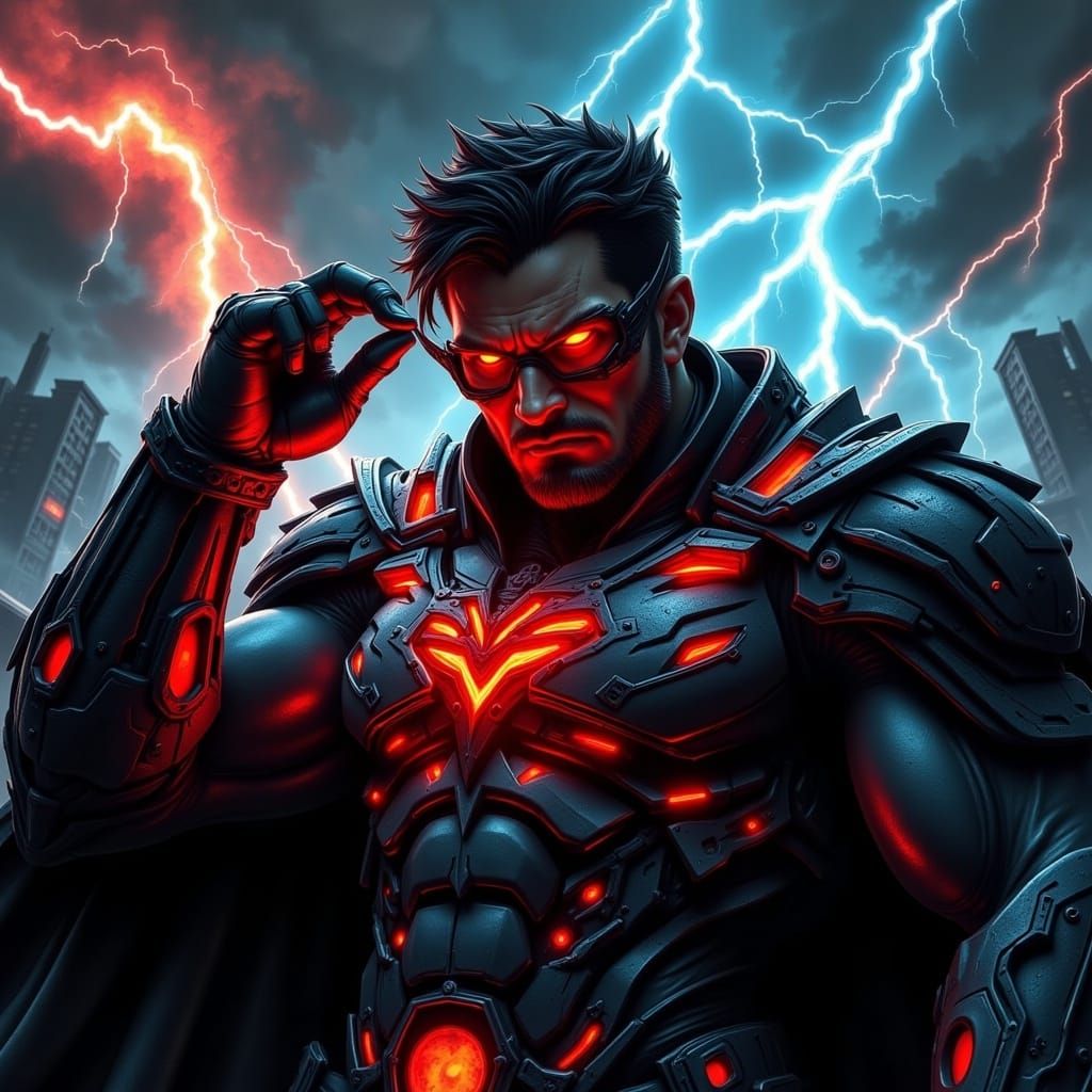 Thoughtful Super Villain with Fiery Lightning