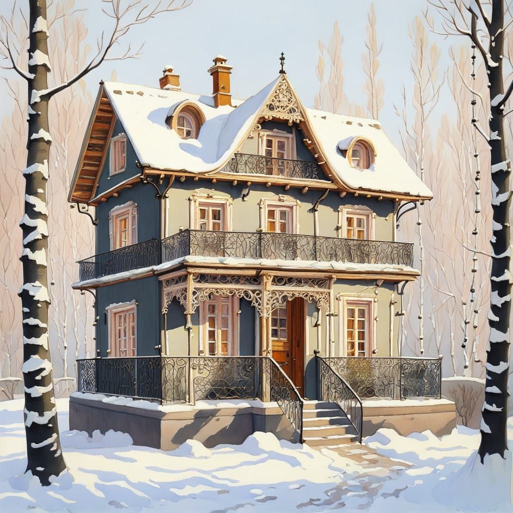 Victorian Cottage Amidst Birch Trees in Winter