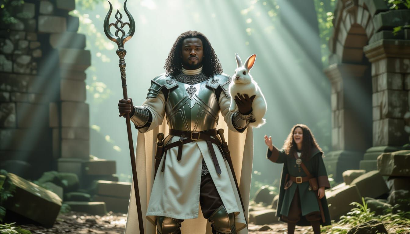 Cleric with Rabbit in Ancient Ruins