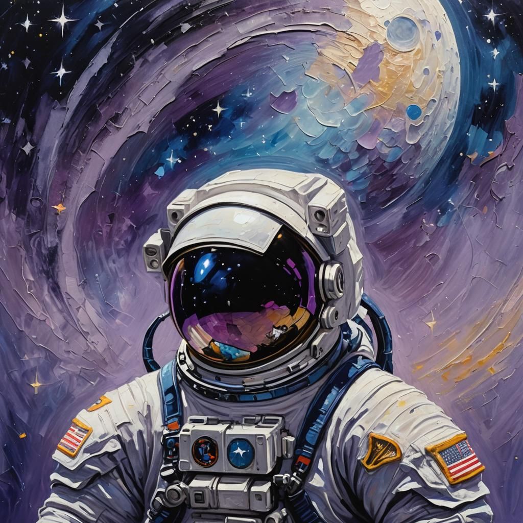 Astronaut Under Crescent Moon as Impasto Painting