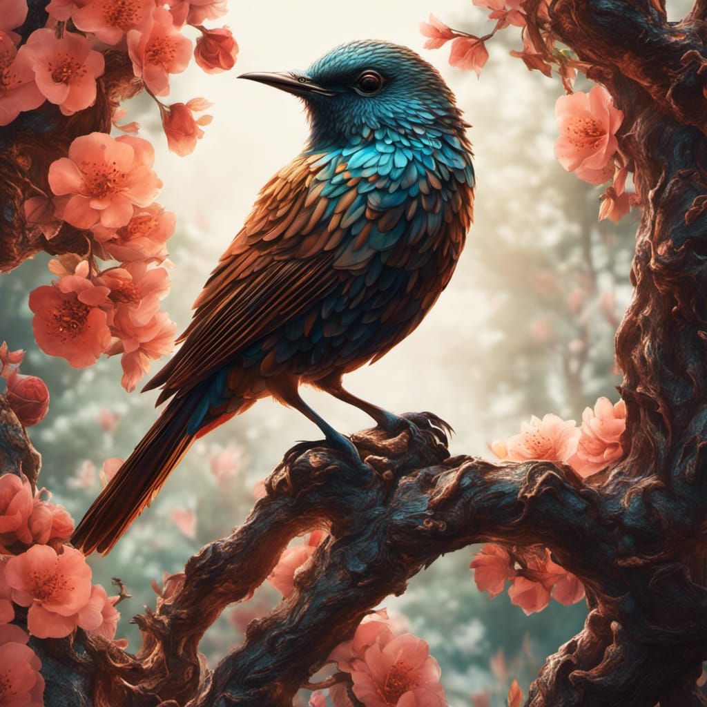 songbird sitting in a cherry bloosm tree,