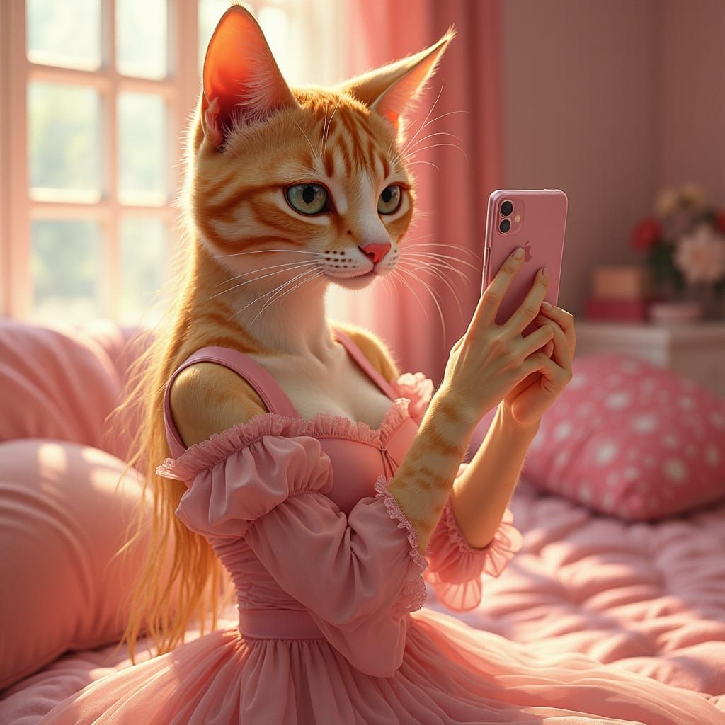 Anime Cat Woman Filming Herself, Art Nouveau Style