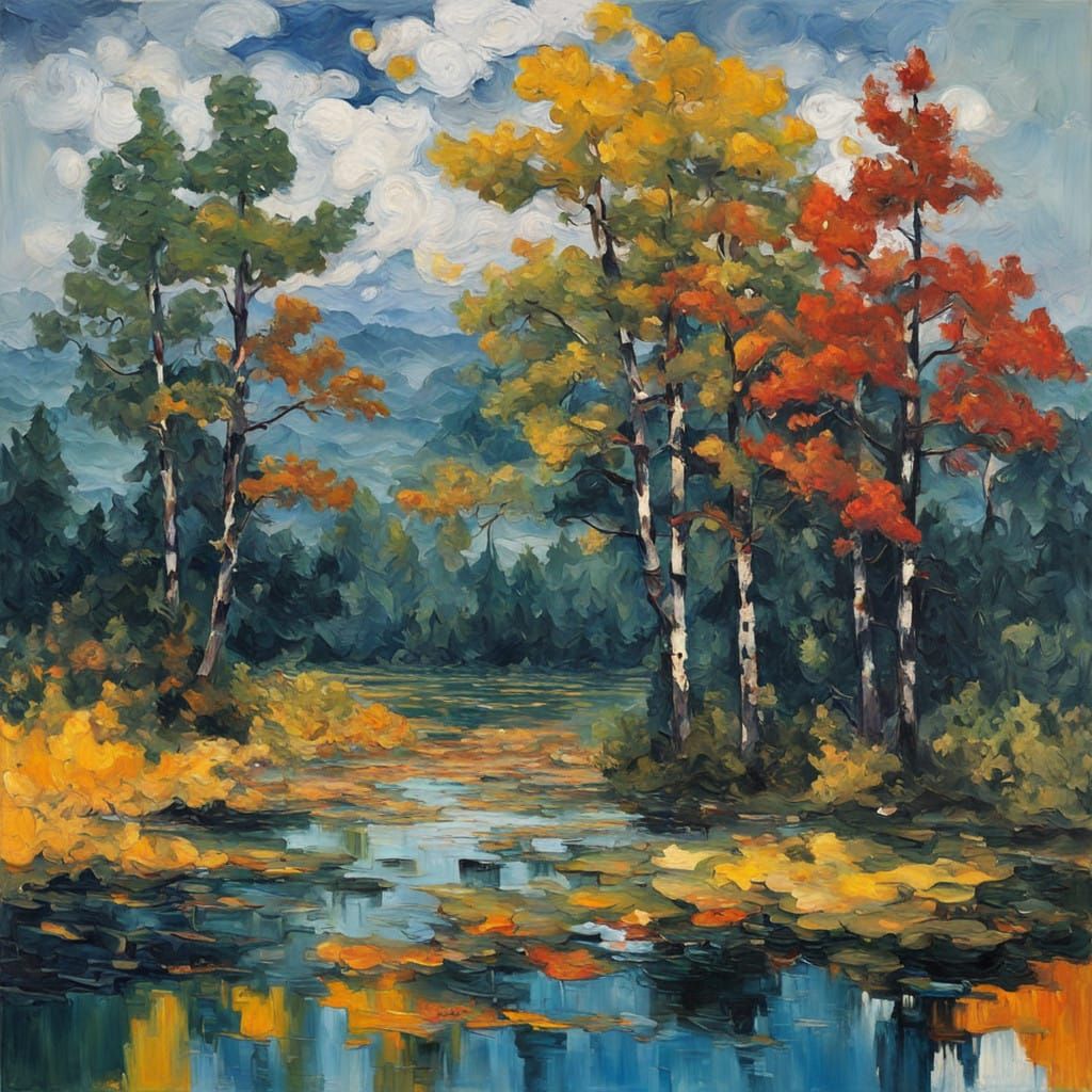 Vibrant Lake Keitele Landscape in Neo-Impressionist Expressi...