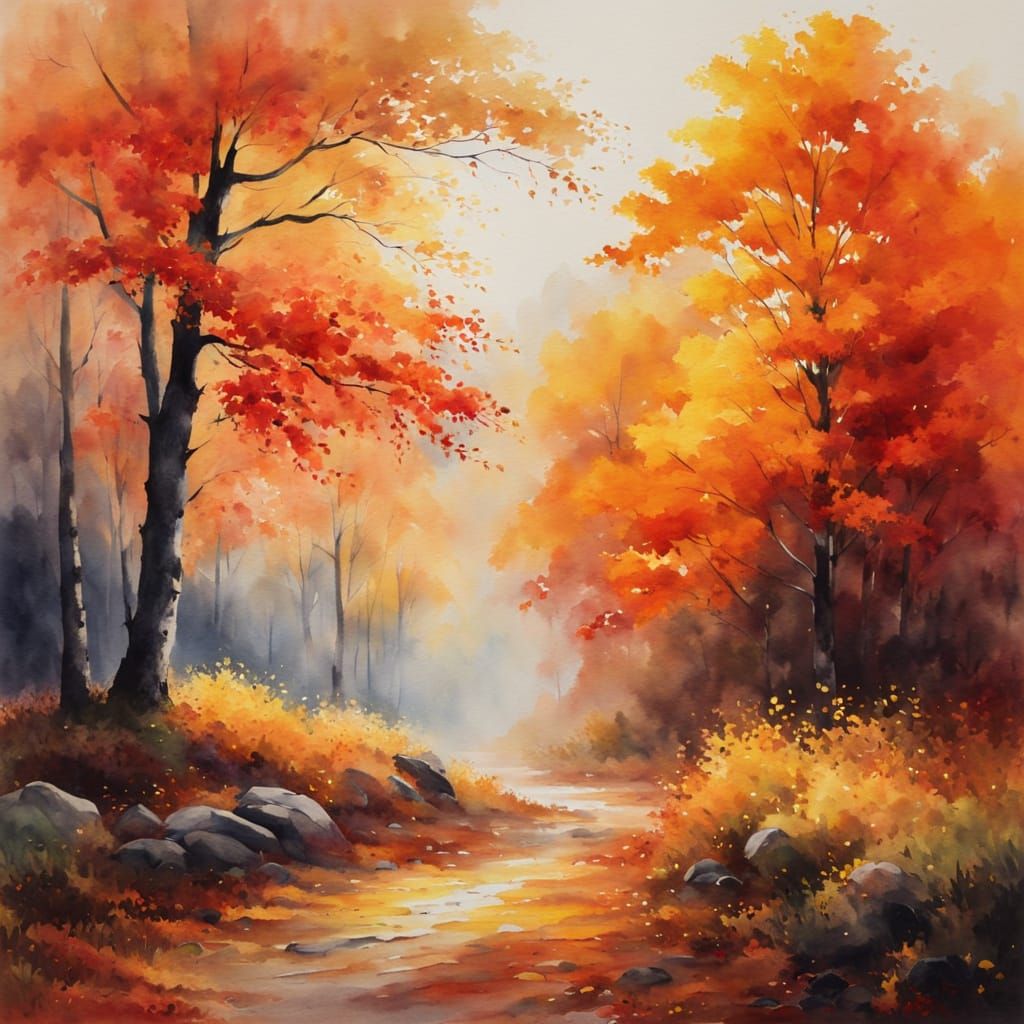 Fiery Autumn Maple Forest in Watercolour