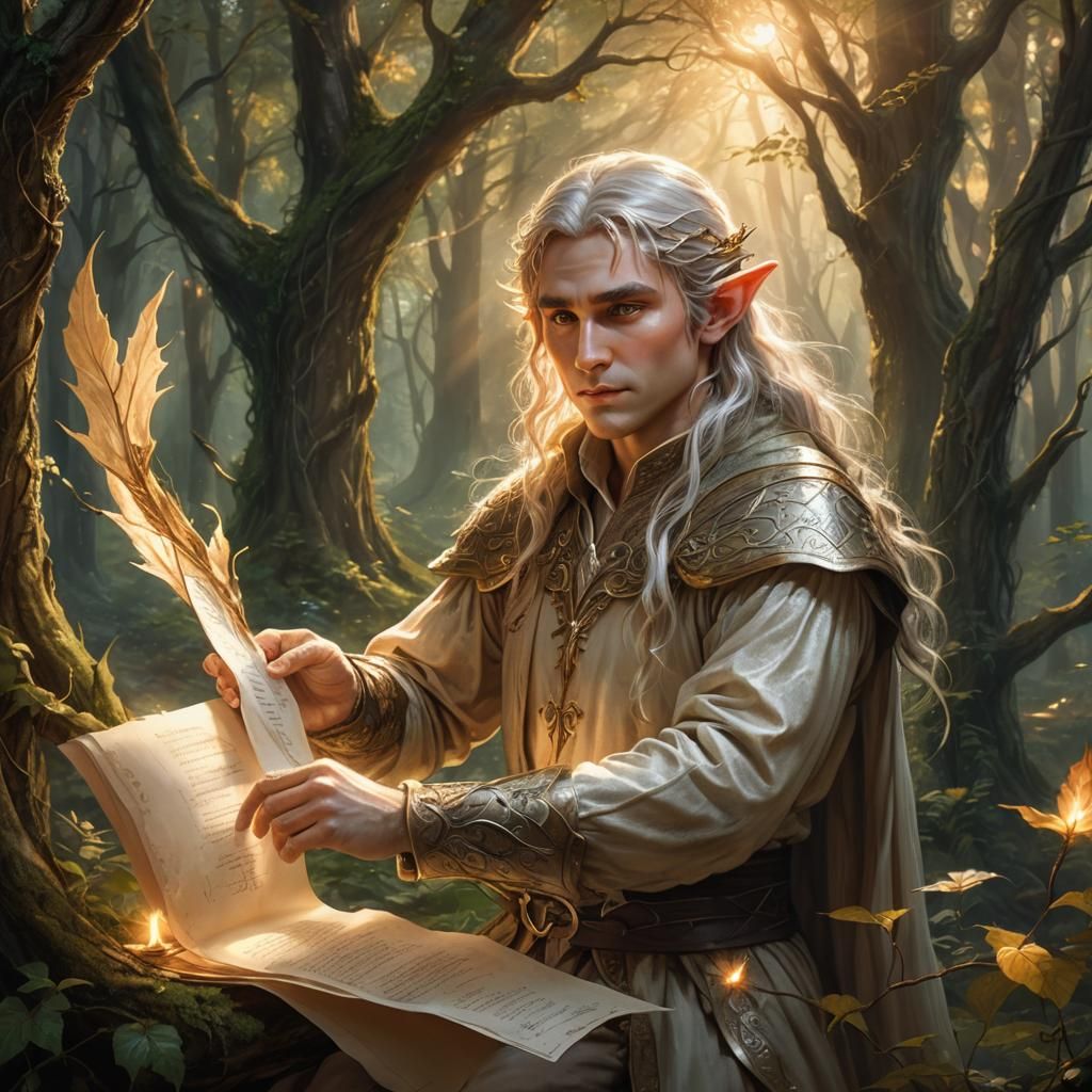 Elf in Mystical Forest with Glowing Parchment