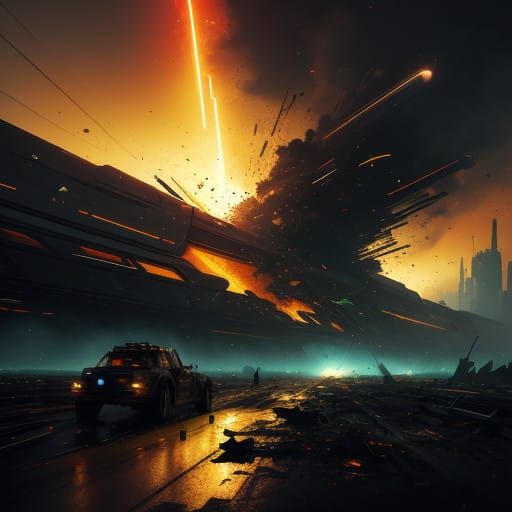 Dystopian Shockwave Explosion in Neon-Lit Apocalypse