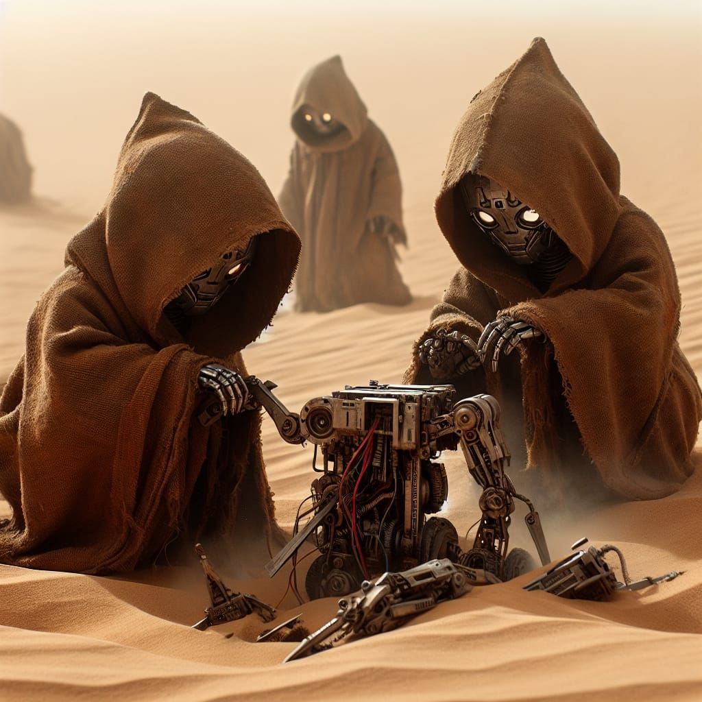 Industrious Desert Scavengers Dismantling Derelict Robot